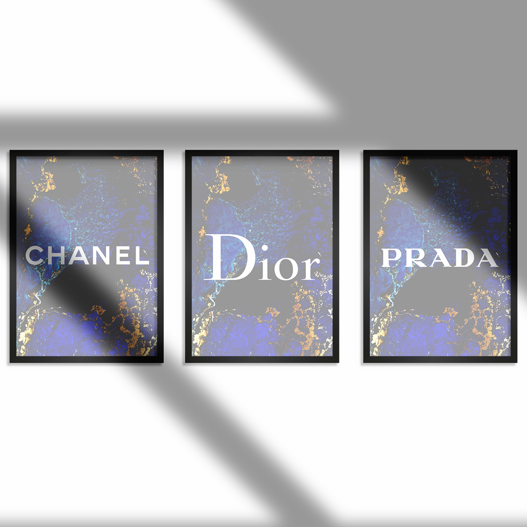 Blue & Gold (Chanel, Dior & Prada) Fashion Wall Art Print Set Of 3